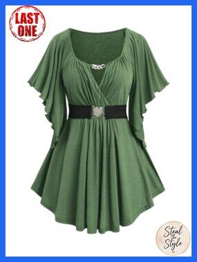 Plus Size Surplice Top Butterfly Sleeve Chain Panel Belted Blouse